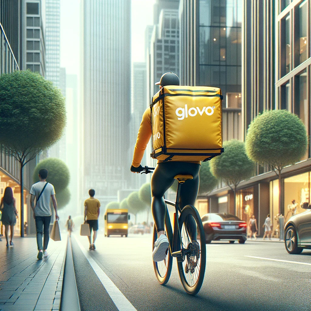 DALL_E_2024-08-21_22.38.47_-_A_street_scene_featuring_a_Glovo_delivery_rider_on_a_bicycle_carrying_a_large_yellow_backpack_with_the_Glovo_logo_clearly_visible._The_urban_setting